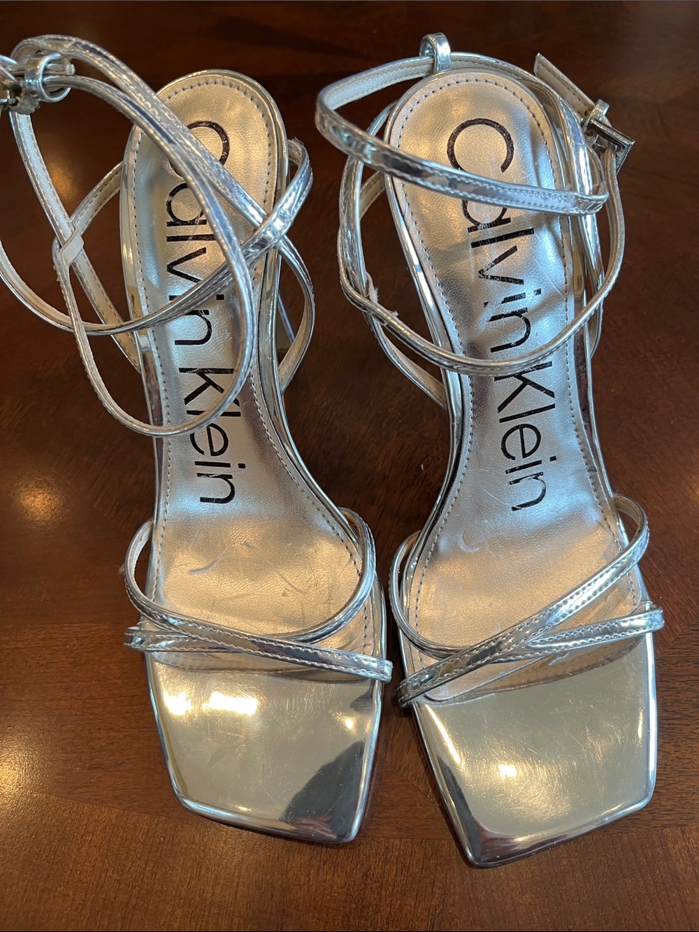 Calvin Klein Metallic Silver Strappy Square-Toe Heels